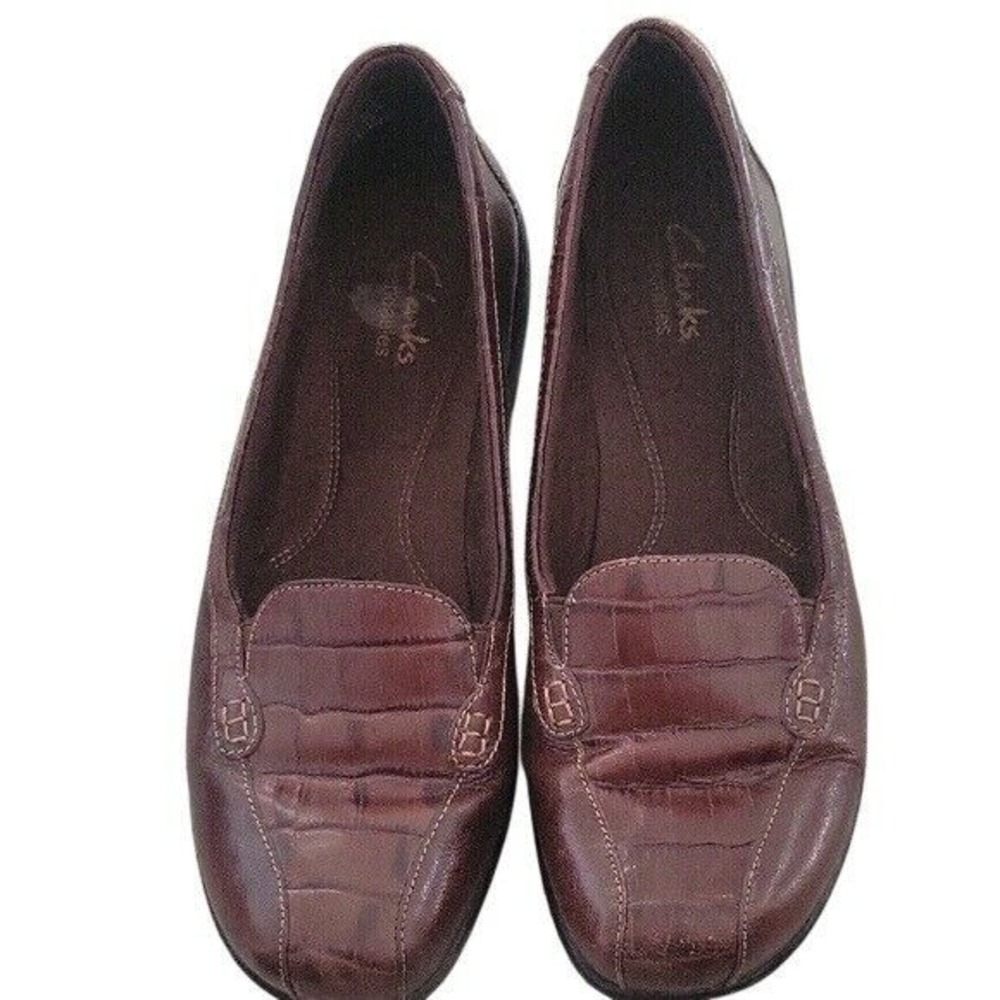Clarks bendable Loafers Brown Leather Crocodile Embossed Slip On Comfort Shoes 8